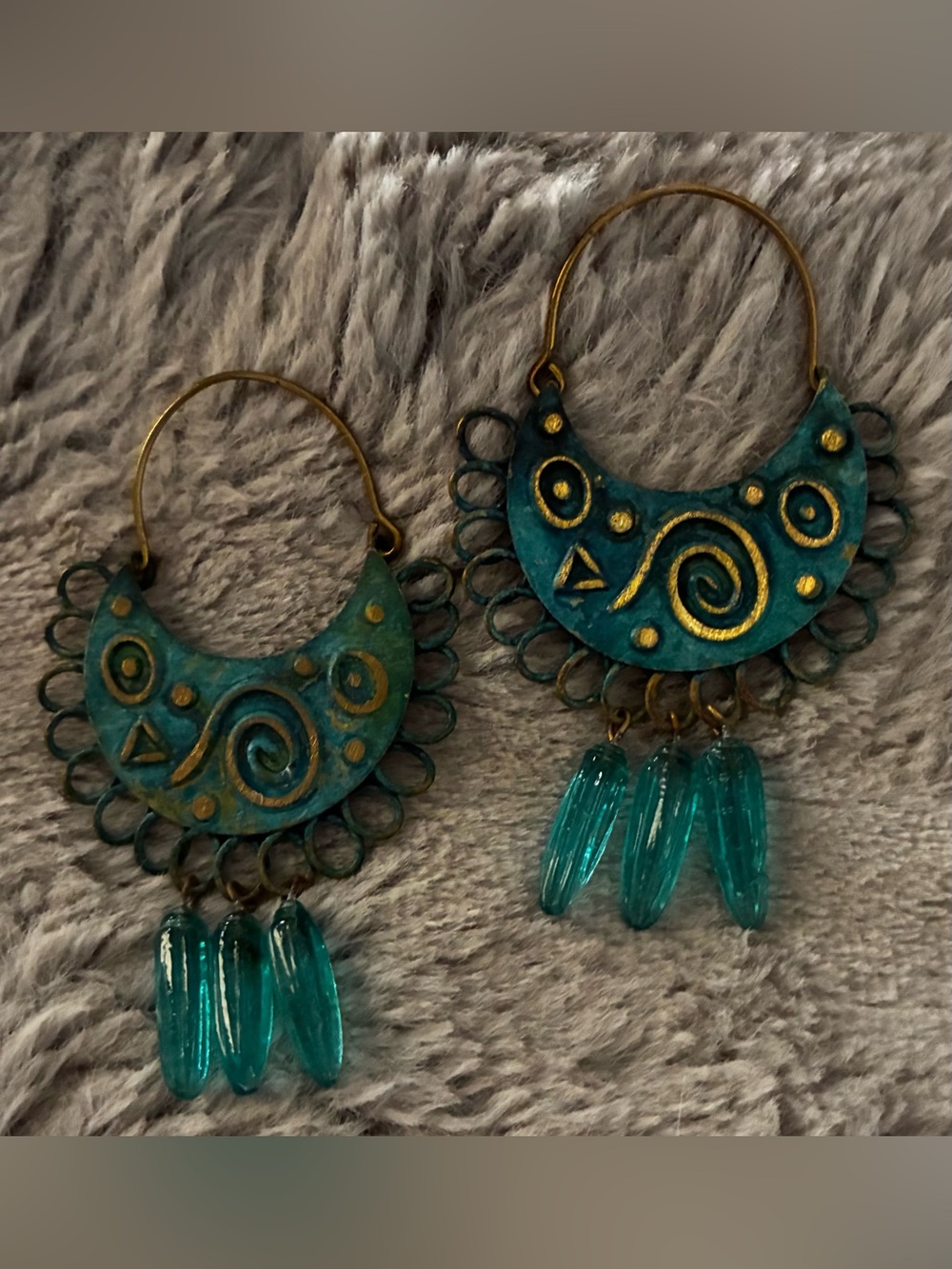 Vintage-Inspired Teal and Gold Crescent Drop Earrings